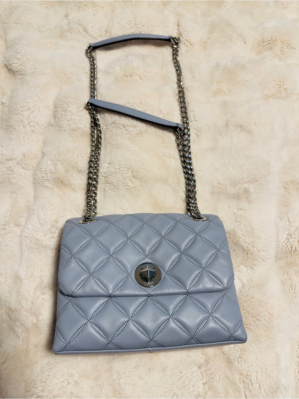 Kate Spade Quilted Shoulder Bag in Light Gray Blue with Silver Chain
